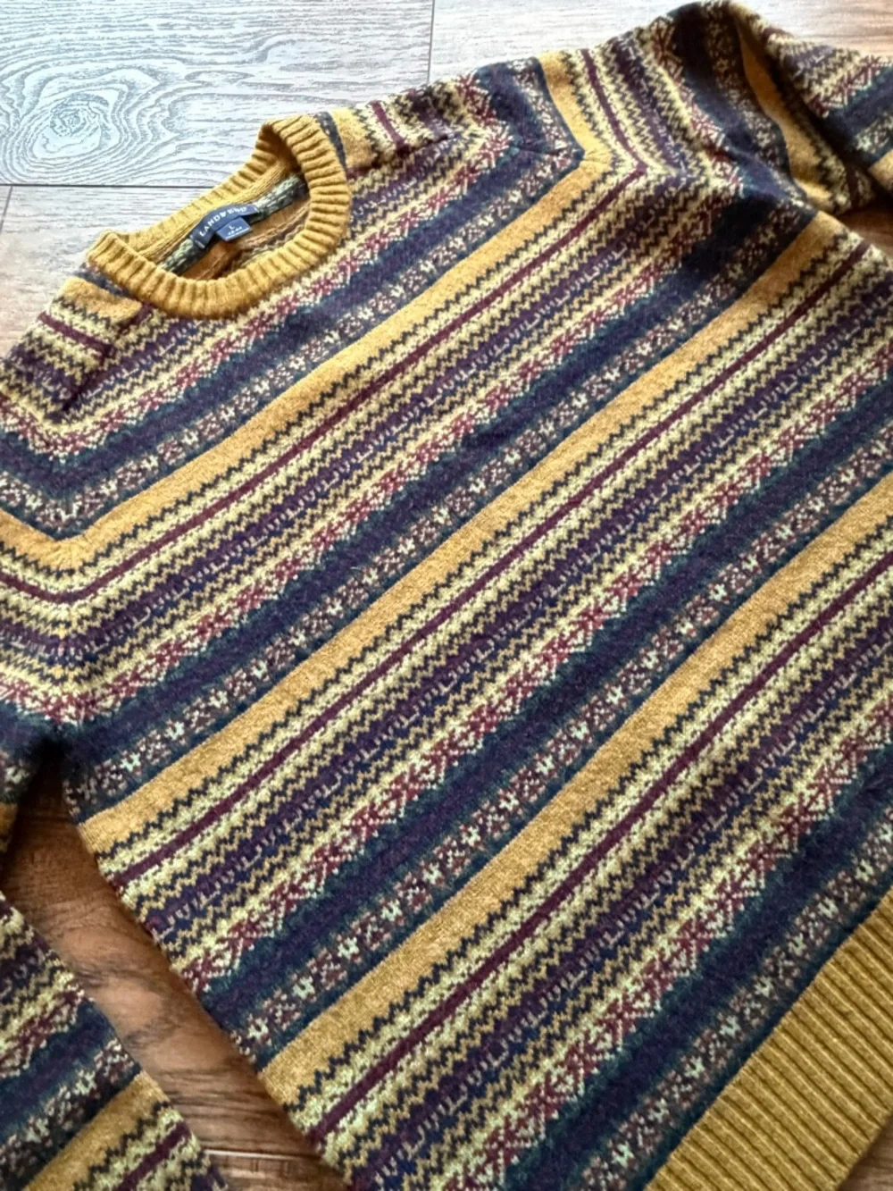 Lands' End Men's Mustard and Navy Fair Isle Crewneck Sweater 100% lambswool - Picture 3 of 5